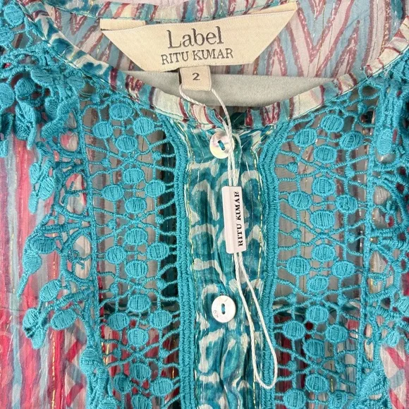 Ritu Kumar Multicolor Boho Blouse Sheer Flowy Long Sleeves NWT Sz 2 Festival - Picture 4 of 11